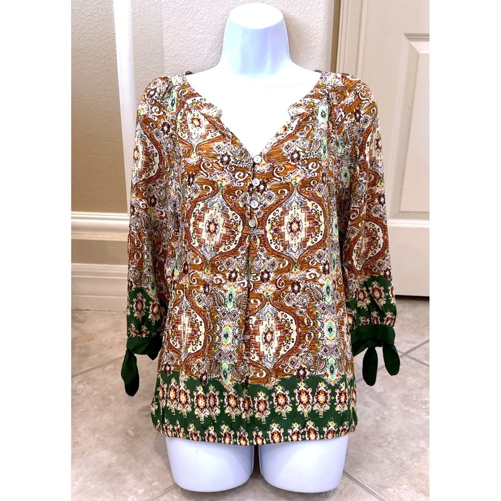 Fig and Flower‎ Women Green Paisley Print Tie Cuff Blouse Boho Size L Henley